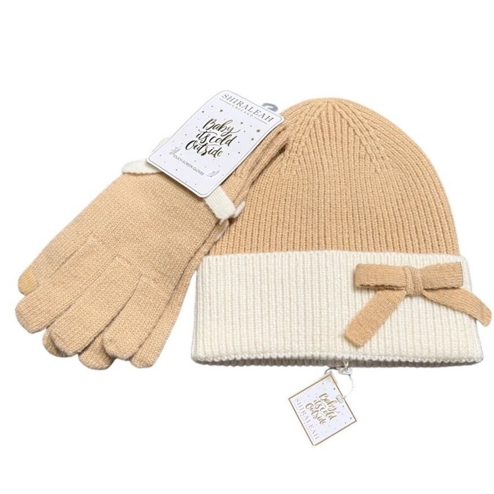 Shiraleah Tan and Cream Bow Hat and Gloves Beanie Set Women One Size NWT